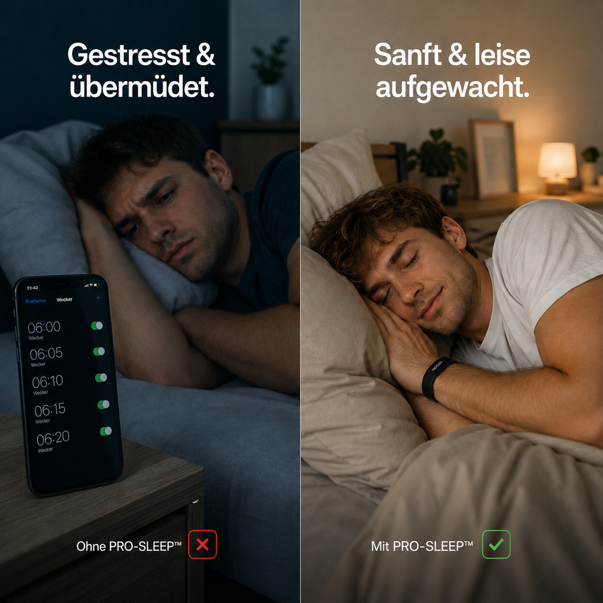 PRO-SLEEP™ Vibrations-Wecker – Vorher-Nachher-Vergleich