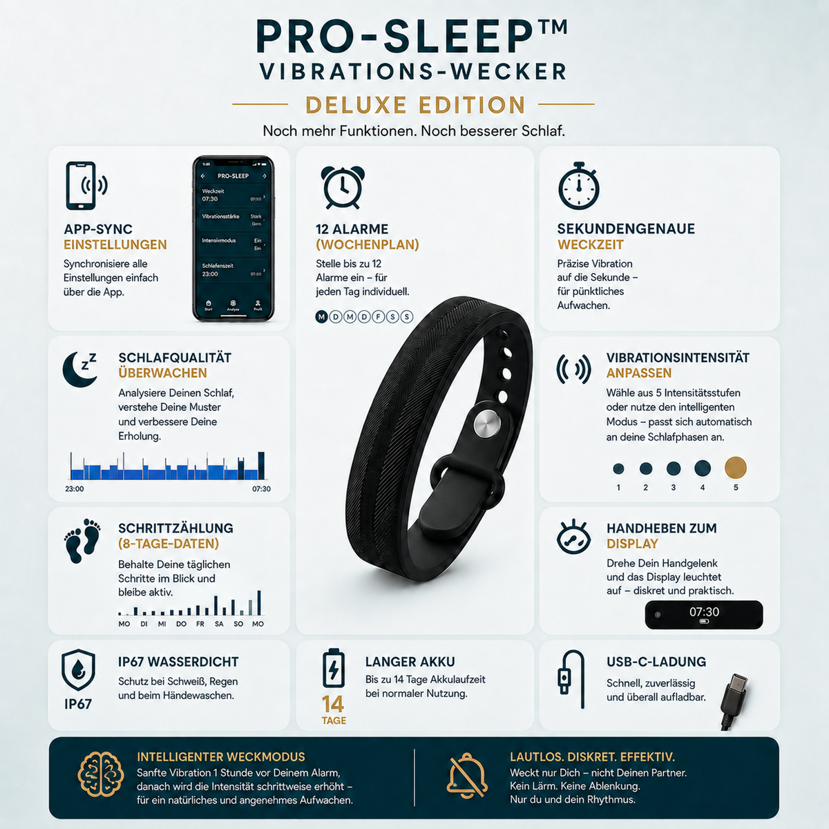 PRO-SLEEP™ Vibrations-Wecker – Funktionen der Deluxe-Edition