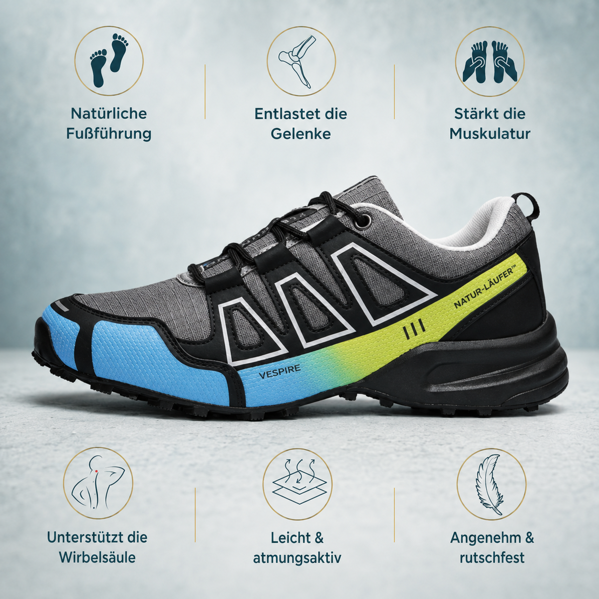 NATUR-LÄUFER™ - Ergonomischer Schuh – Farbvariante Grau-Blau-Limette
